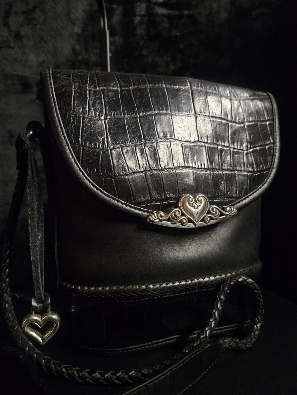 Brighton Vintage Caroline Leather Bucket Crossbody with Heart Medallion